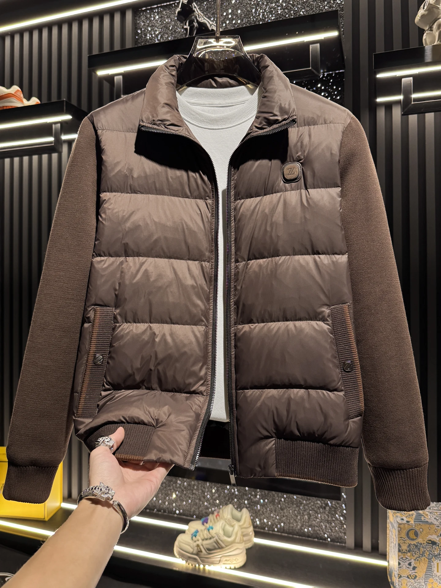 

Зимняя мужская пуховая куртка класса люкс с вязаными вставками, воротником-стойкой, теплая, универсальная, делового стиля, с длинными рукавами, на молнии