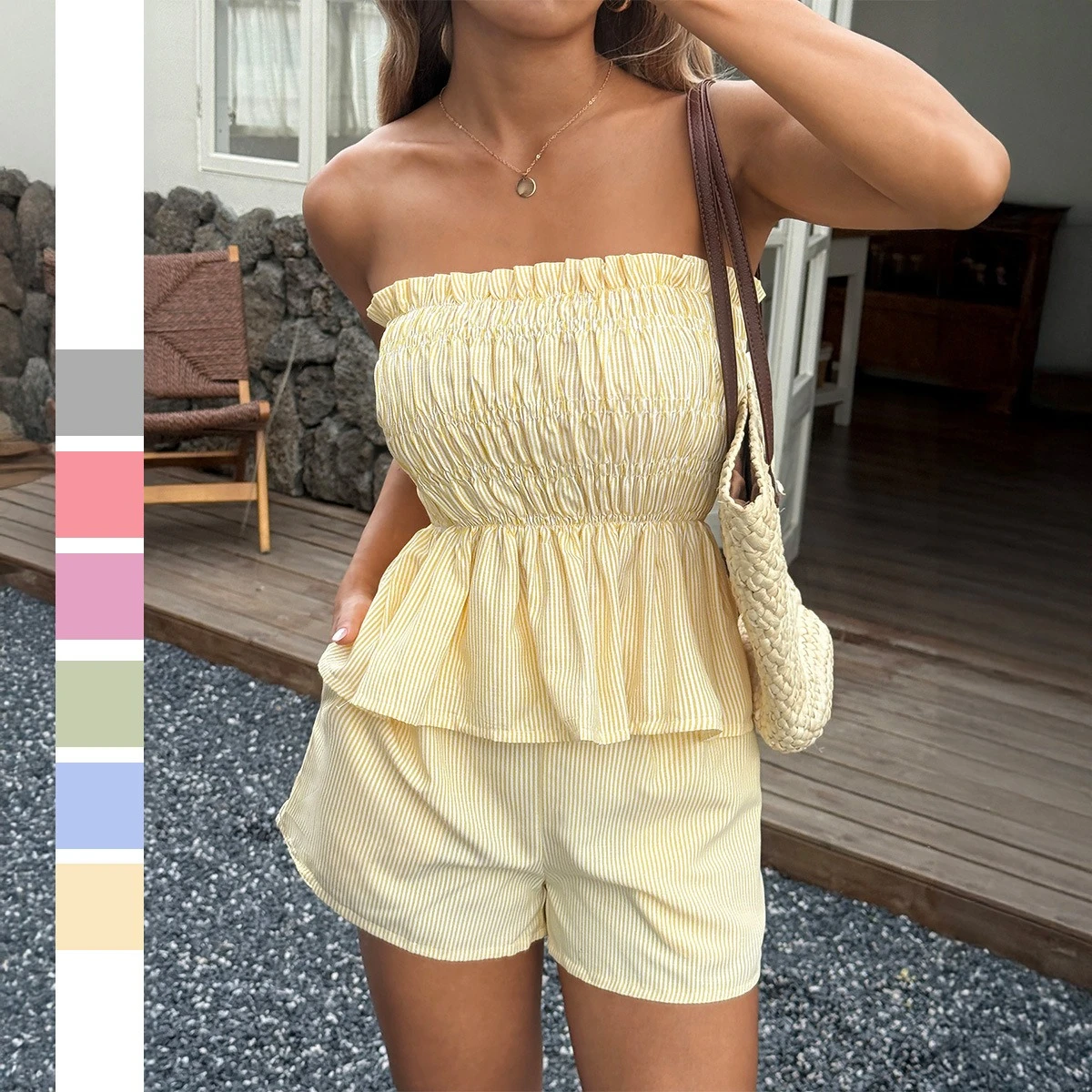 

Strapless Pleated Sleeveless Backless Splicing Ruffled Tops and High Waist Straight Shorts Girls Summer Y2K Vacation 2-Piece Set