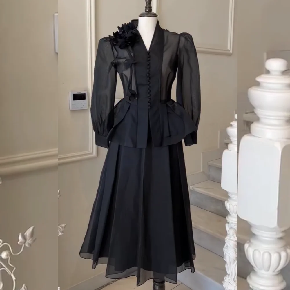 

Customized Elegant Pleat Flower Button A-line V-neck Midi Dresses Bespoke Occasion Celebrity Matching Fashion