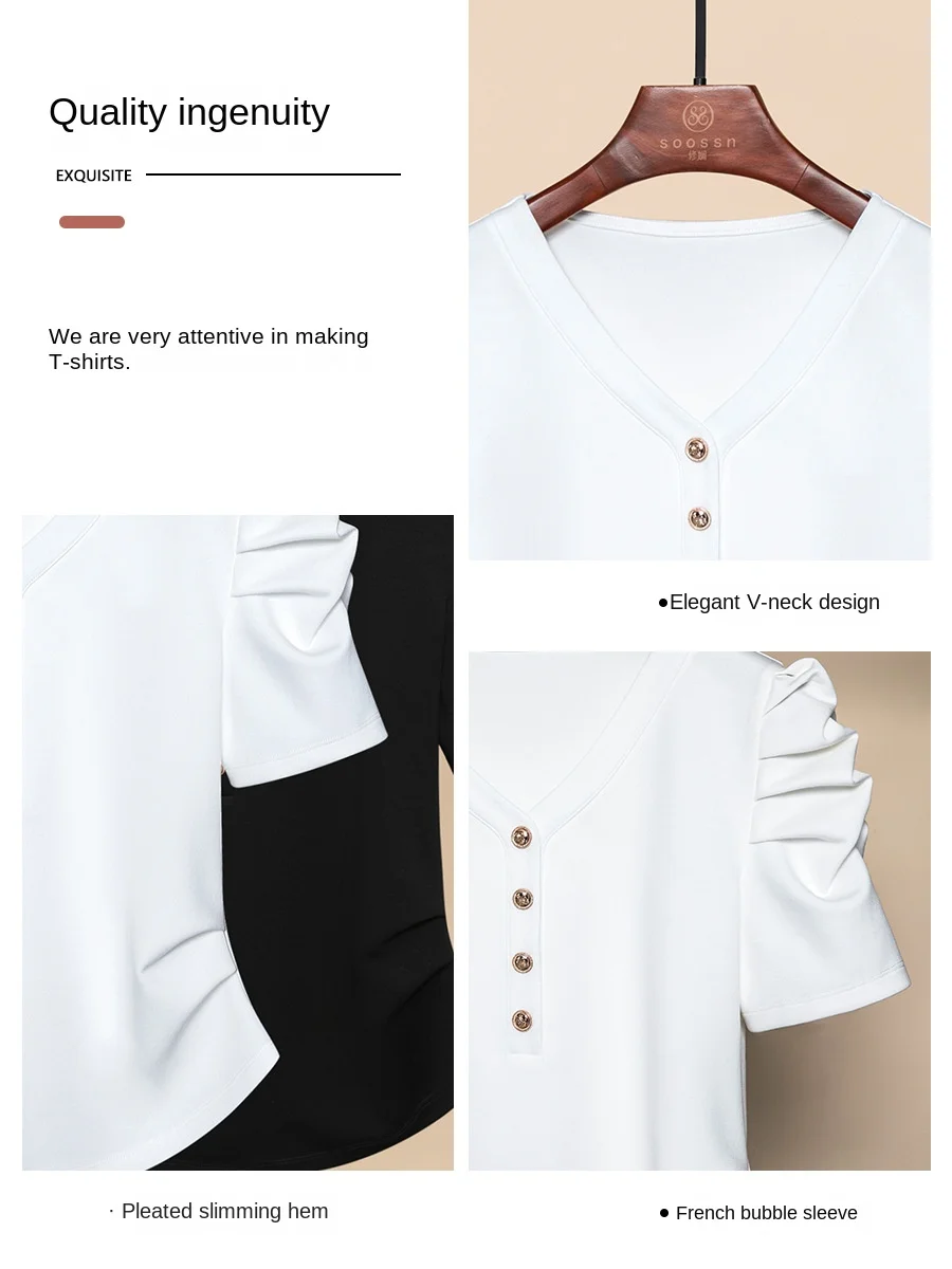 Tops Woman 2024luxury Designer V-neck French Style Bubble Sleeves Summer T Shirts for Women Black Elastic Large Shirts Y2k 3xl