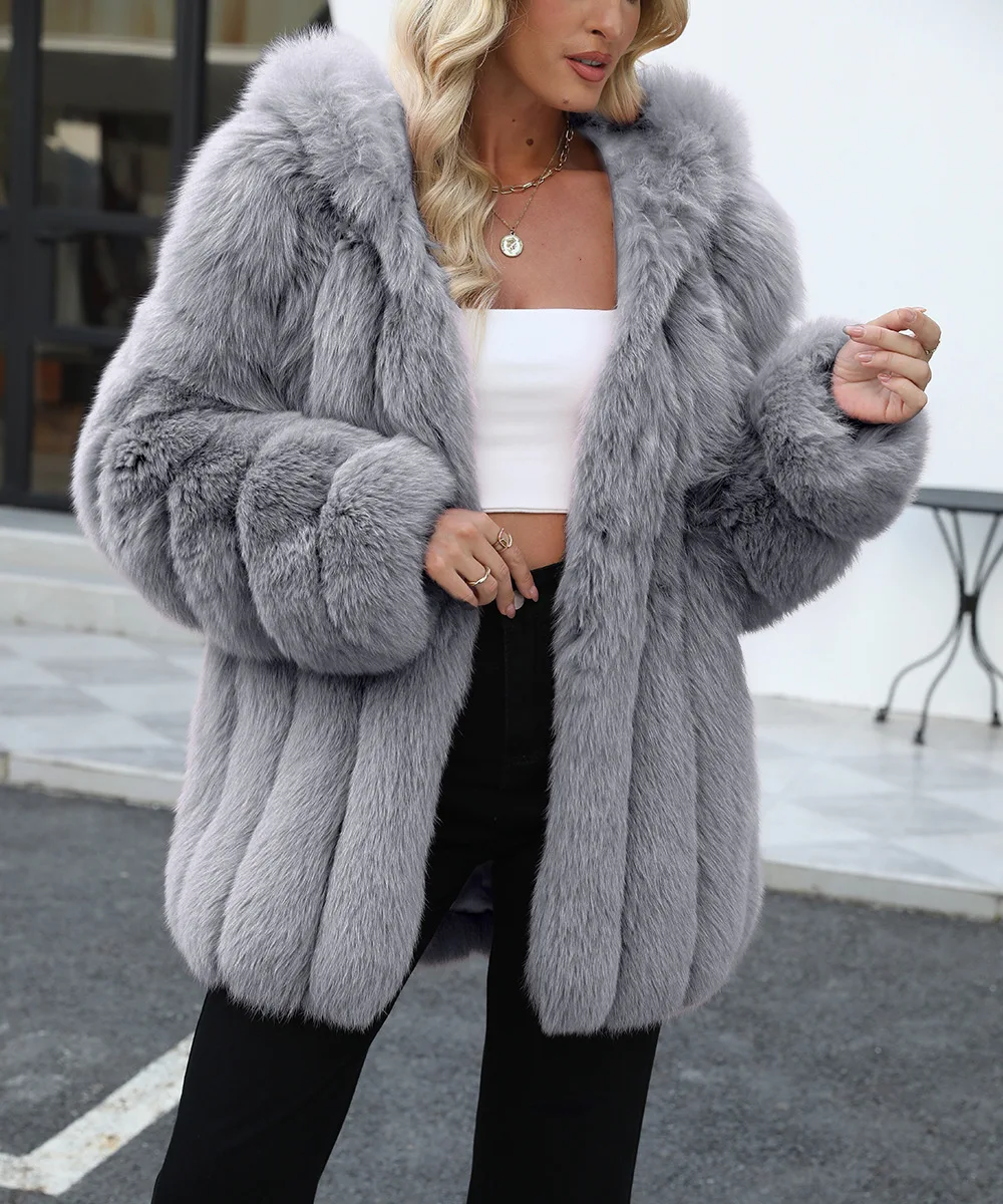 Faux Fox Fur Coat Women Solid Fur Jacket Long Sleeve Turn Down Collar Open Stitch Thick Warm Fur Loose Casual 2026 Autumn Winter