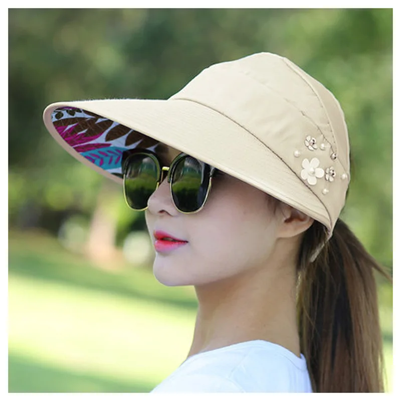 Zomerhoeden Voor Dames Opvouwbare Zonnehoed Parelbloem Vizier Suncreen Floppy Cap Vrouwelijke Outdoor Casual Baseballpet Hoed Voor Vrouw