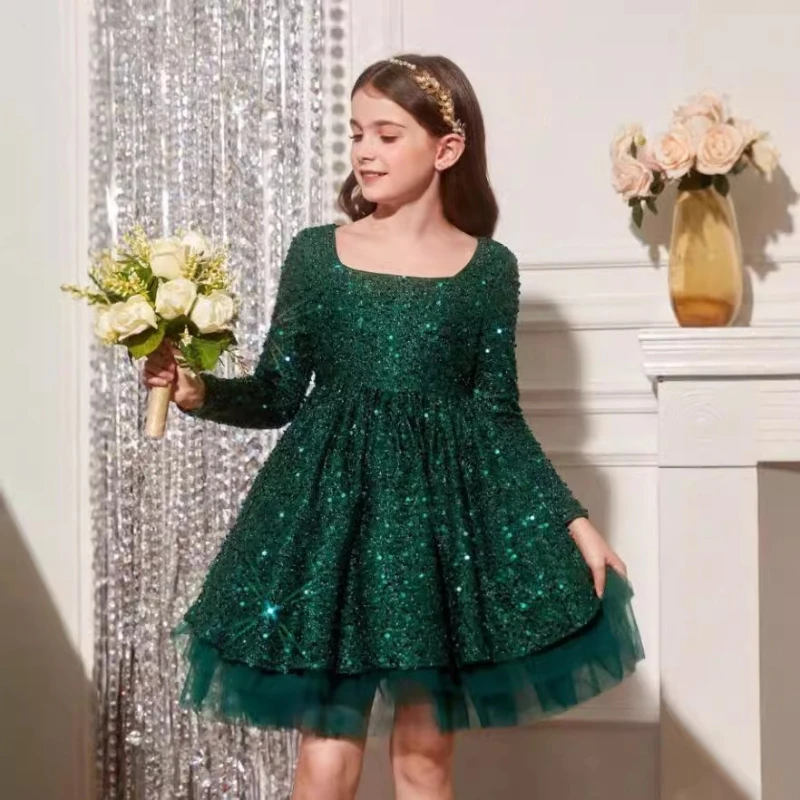 2026 Green Girls Sequin Gown Kids Bow Tie Short Party Dress Formal Celebration Children Evening Princess Gown Birthday Costume