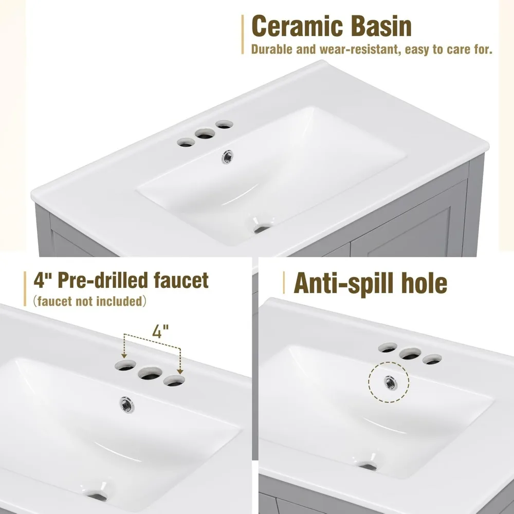 Tocador de baño de 30" con lavabo individual, mueble combinado, lavabo bajo montaje, 2 puertas y un cajón, mueble de almacenamiento para baño