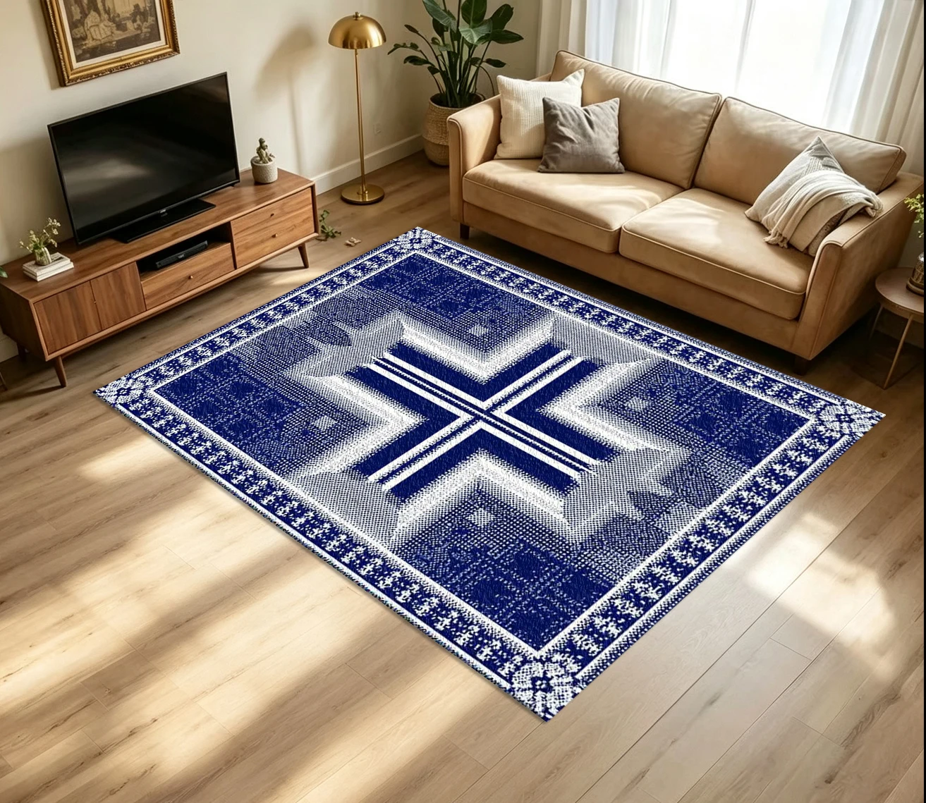Vintage Blue White Aztec Geometric Carpet Flooring Retro Ethnic Cross Symbol Ornate Border Printed Floor Rug for Household Indoor Home Interior Decoration