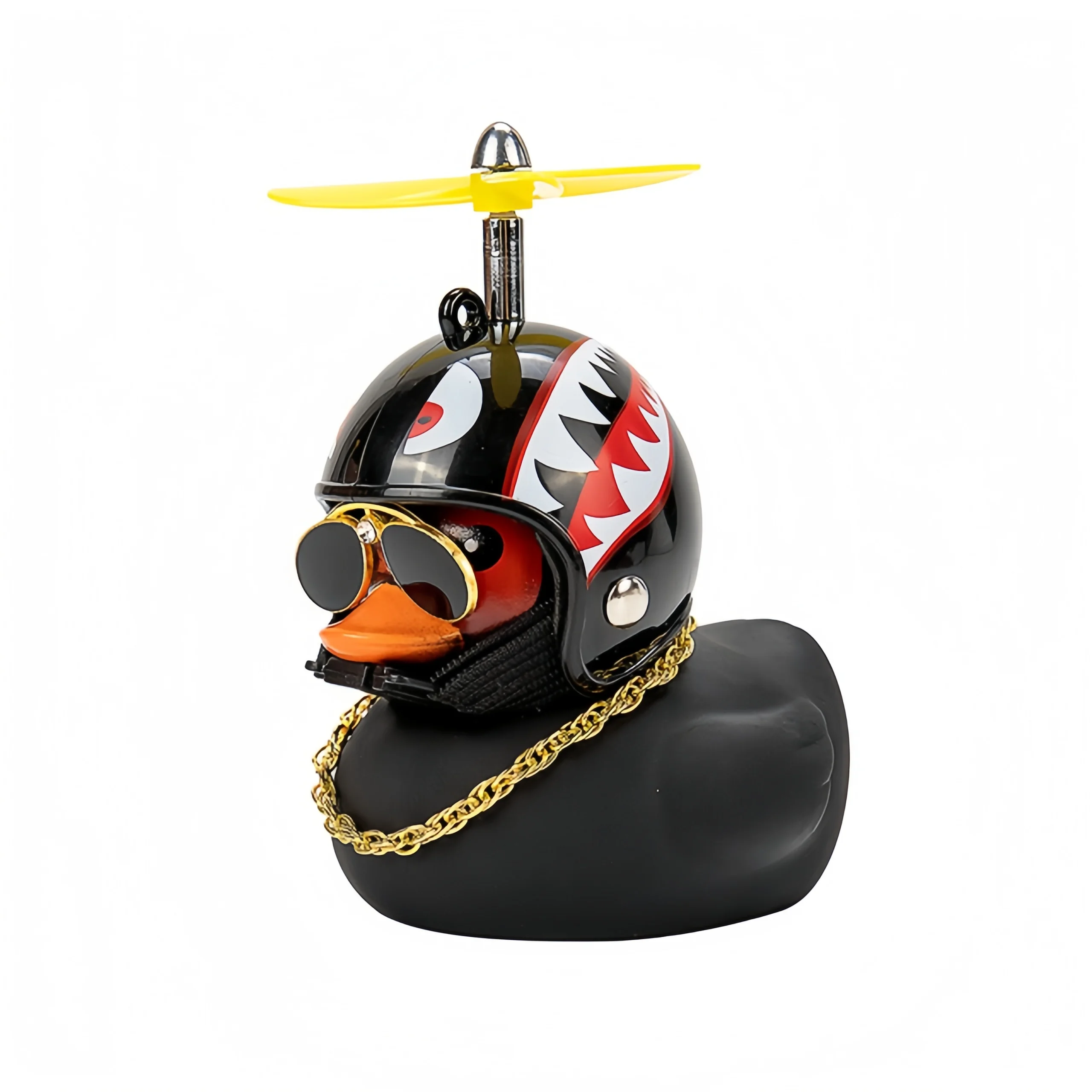 Schwarze Gummi-Ente als Auto-Armaturenbrett-Ornament mit Propeller, Helm und Sonnenbrille, Lustiges Auto-Innenzubehör, Fahrrad-Ornament, Geschenk – Detail 4