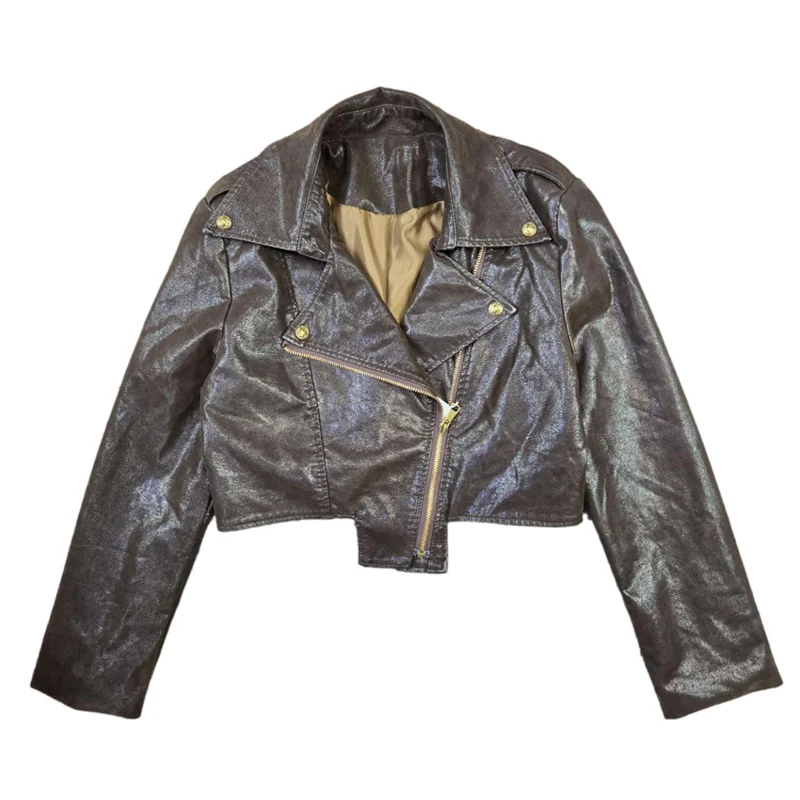 Vintage Notched Collar Irregular Hem Long Sleeve Slim Short Faux Pu Leather Jacket Spring Autumn Women Biker Jacket Streetwear