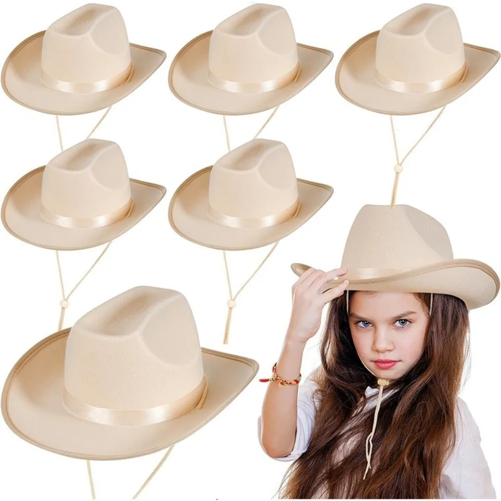 Casual Solid Color Kids Cowboy Hat Felt Wide Brim Western Cowboy Hat Sunscreen with Adjustable Chin Strap Top Hat Girl