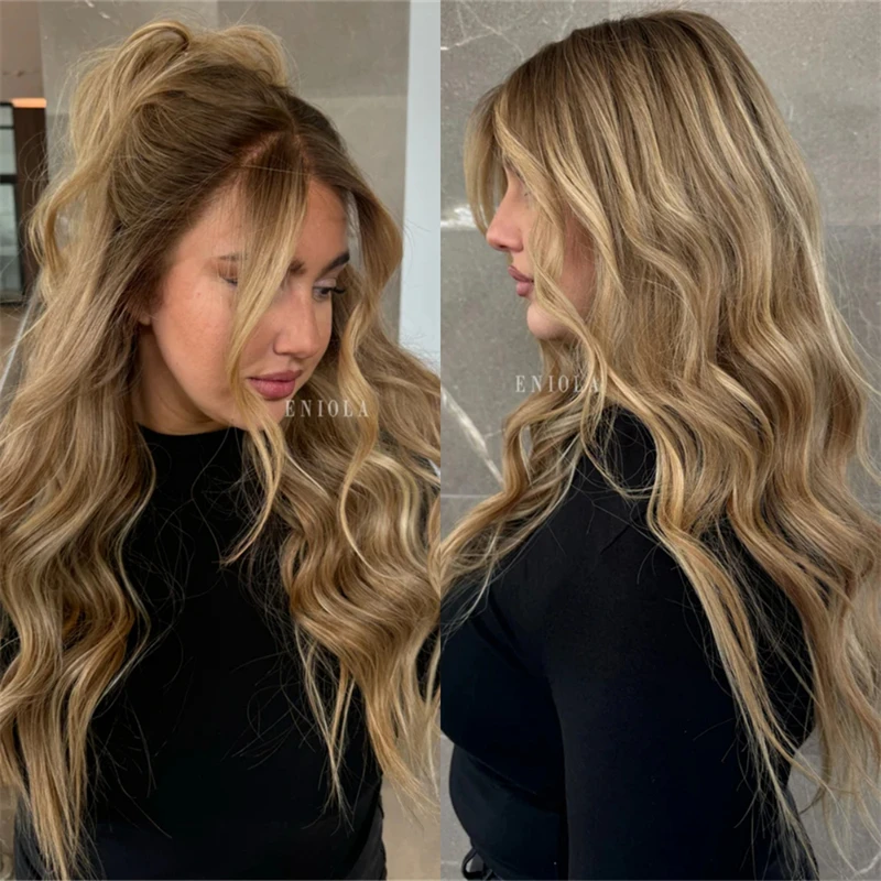 

Высокое качество объемная волна термостойкий парик Ombre коричневый блондин HD невидимый синтетический парик фронта шнурка верхний бесклеевой парик свободная часть