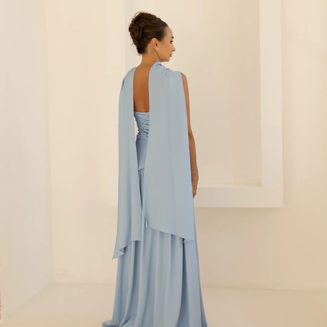 Mila Abito da donna con mantella senza spalline azzurro Abiti da ballo con orlo a fessura Abiti da sera formali personalizzati per invitati al matrimonio