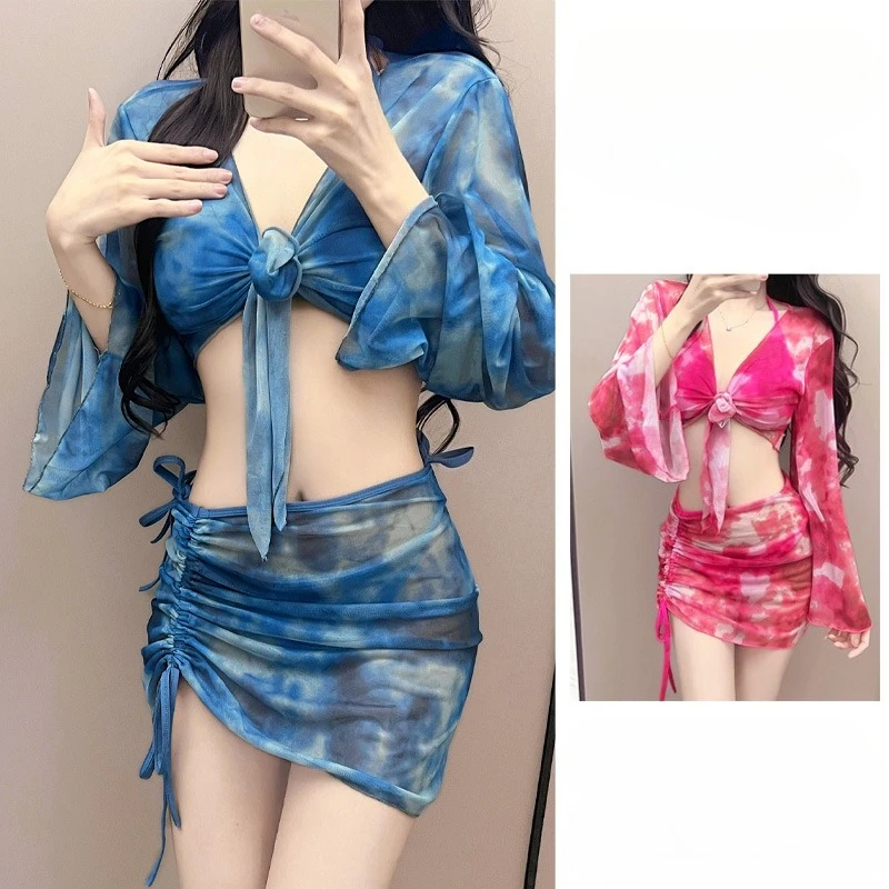

2025 Summer New Fashion Tie Dye Women Beach Sexy Bikini Three Piece Set Simple Long Sleeved Sunscreen Female Swimsuit Set