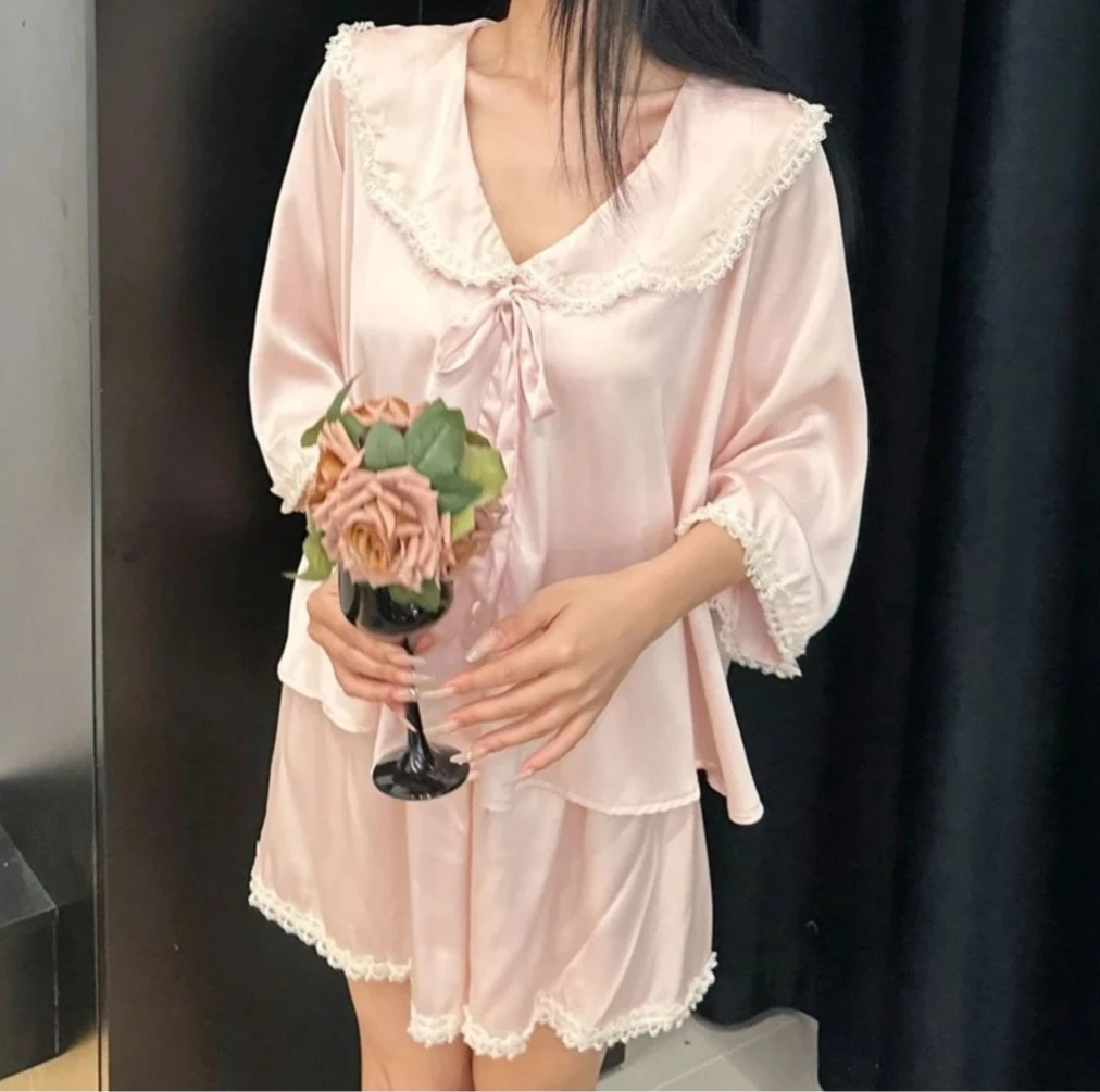 Elegant Pajams Set Women Sleepwear Lingerie Summer Nightsuits Pyjamas Home Clothes Female Casual Silky Satin Pijamas Suit
