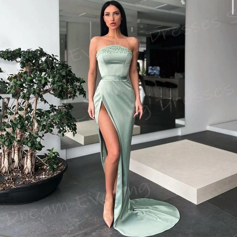 Simple Generous Mermaid Sexy Women's Evening Dresses Classic Strapless Sleeveless Prom Gowns Side High Split Vestido De Noche