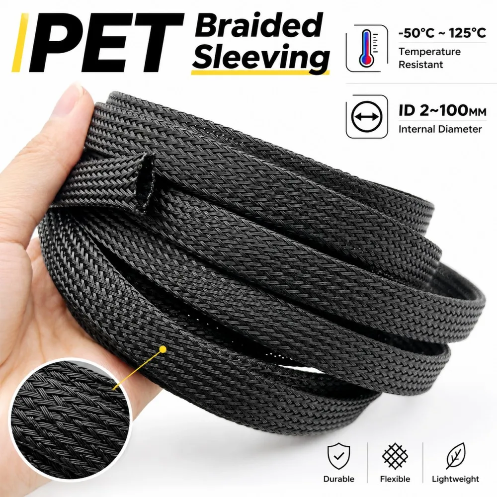 ID2~100mm Black PET Flame Retardant Expandable Braided Sleeve, Anti-Abrasion Industrial Wire Harness Cable Management Protector