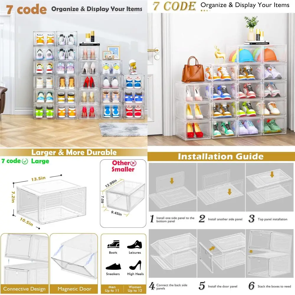 

Прочные прозрачные коробки-органайзеры для обуви с магнитной дверцей, штабелируемые, 9 штук, белые, экономящие место, для хранения обуви