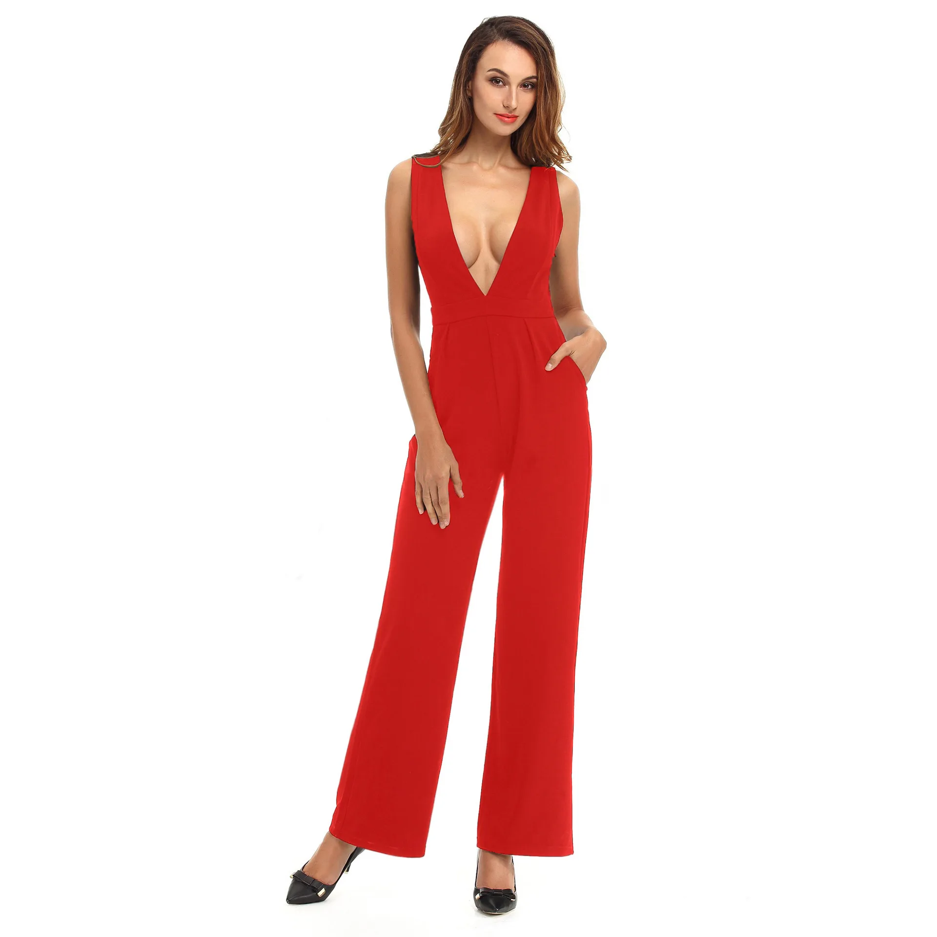 Lente Zomer Europese En Amerikaanse Buitenlandse Handel Nieuwe Sexy V-Hals Mouwloze Casual Broek Jumpsuit Voor Dames