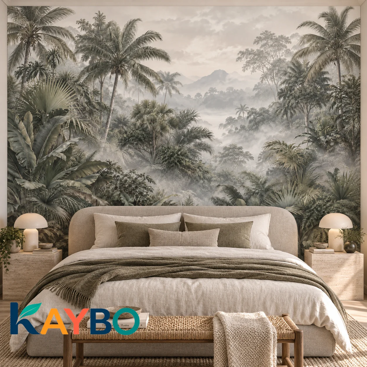 Tropical Jungle Wall Mural Misty Palm Forest Wallpaper Botanical Landscape Decor Non Self Adhesive Living Room Art