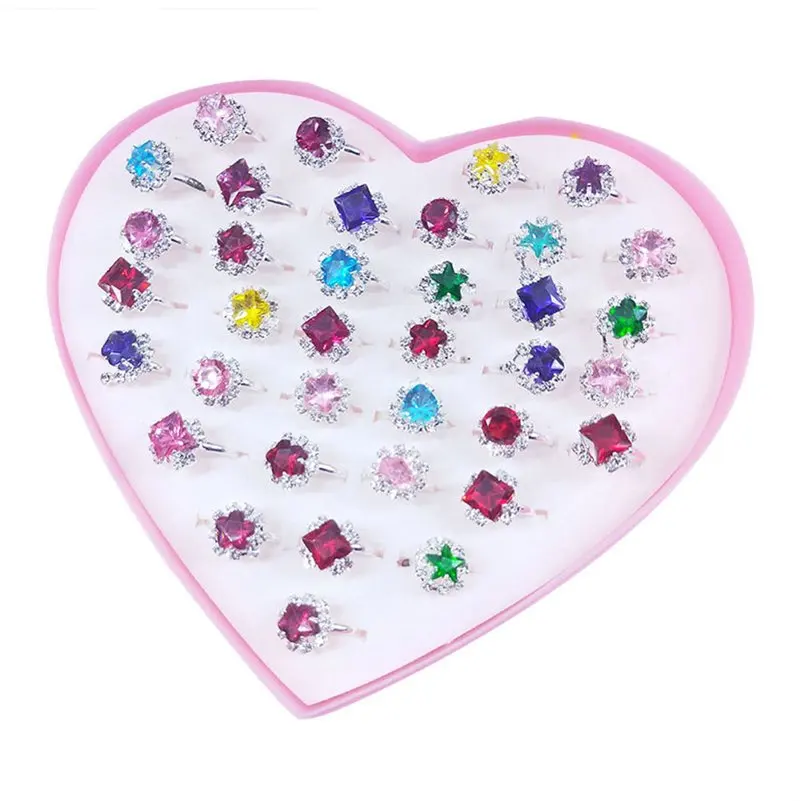 36Pcs/Box New Kids Rings Princess Children Girls Crystal Flower Alloy Finger Ring Child Jewelry Gift Adjustable Rings