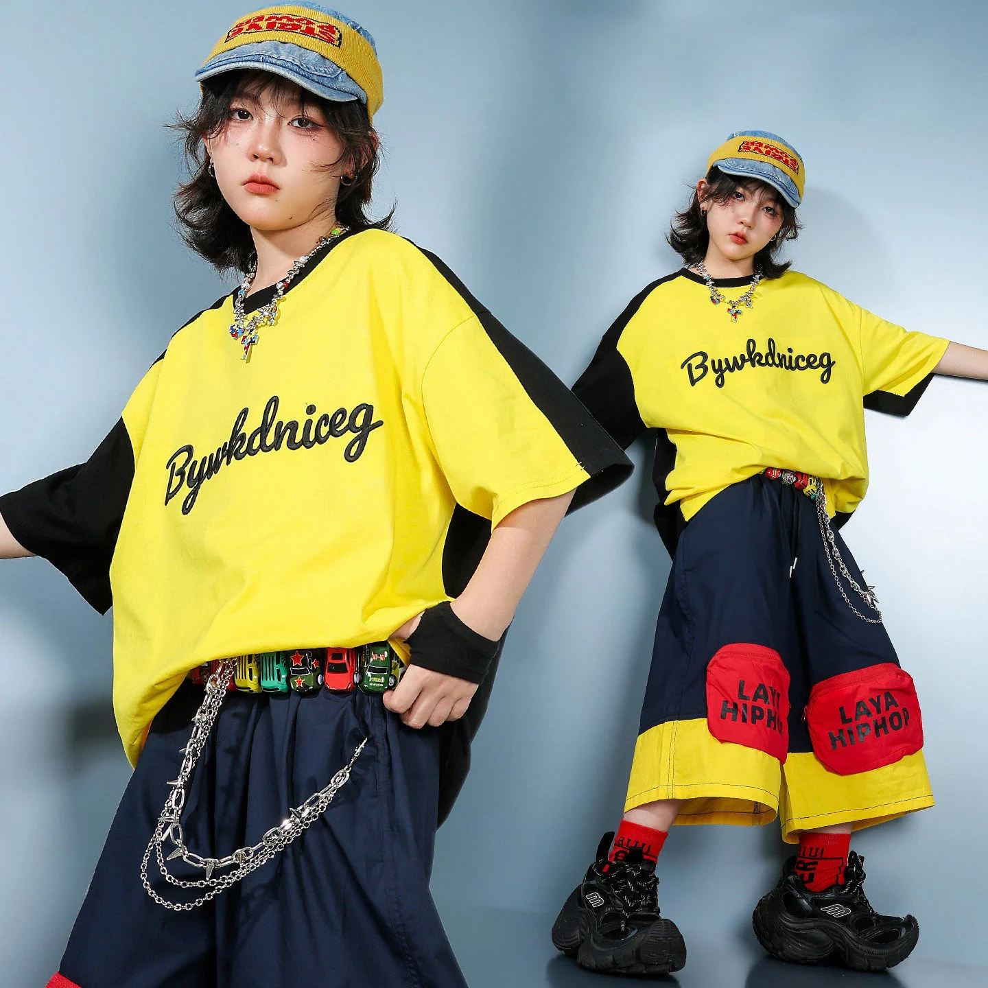 Ropa Hip Hop Kpop para Niños, Camiseta Gráfica Amarilla y Negra, Pantalones Cortos Holgados con Bolsillos con Cierre para Niñas y Niños, Disfraces de Baile Urbano
