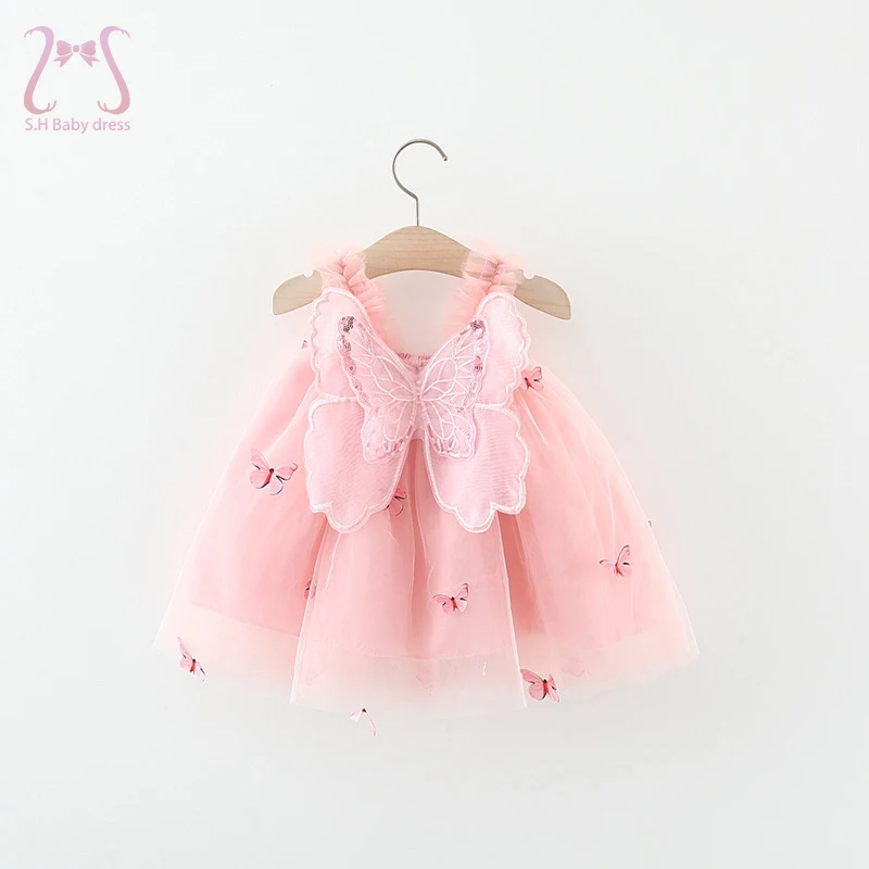 Summer Baby Girls\' Princess Party Birthday Dress Sweet Children Clothing Butterfly Wings Fairy Strap Embroidered Mesh 0-3 Y Kid