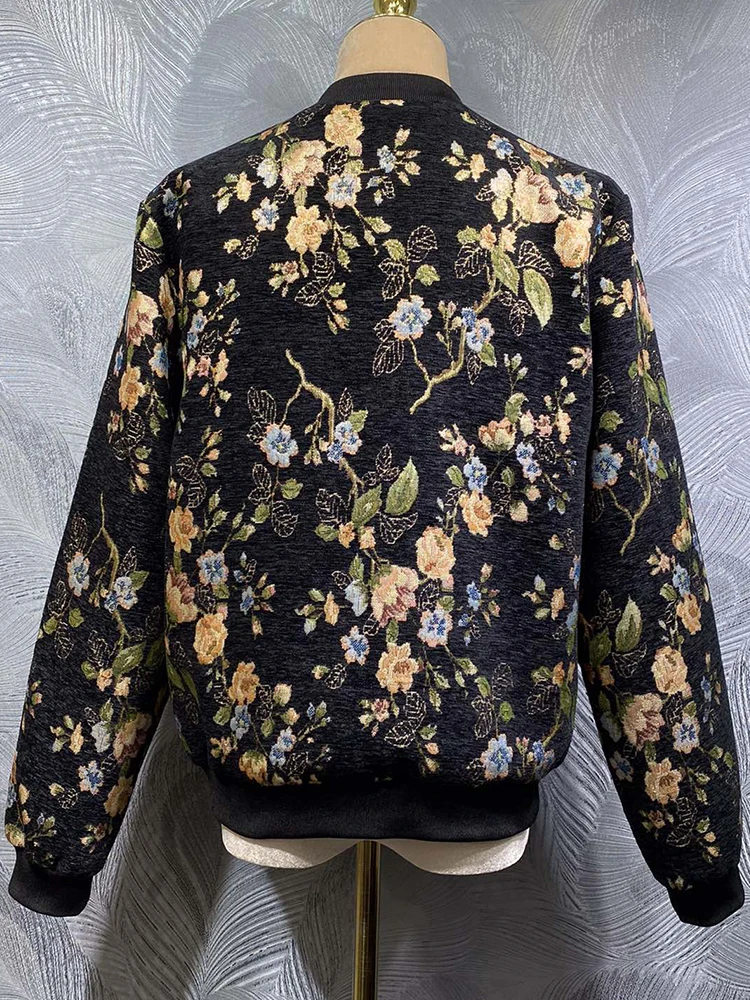 DLDENGHAN Women's Sequins Beaded Jacquard Jacket O-Neck Long Sleeve Vintage Fashion Autumn Females with Pockets