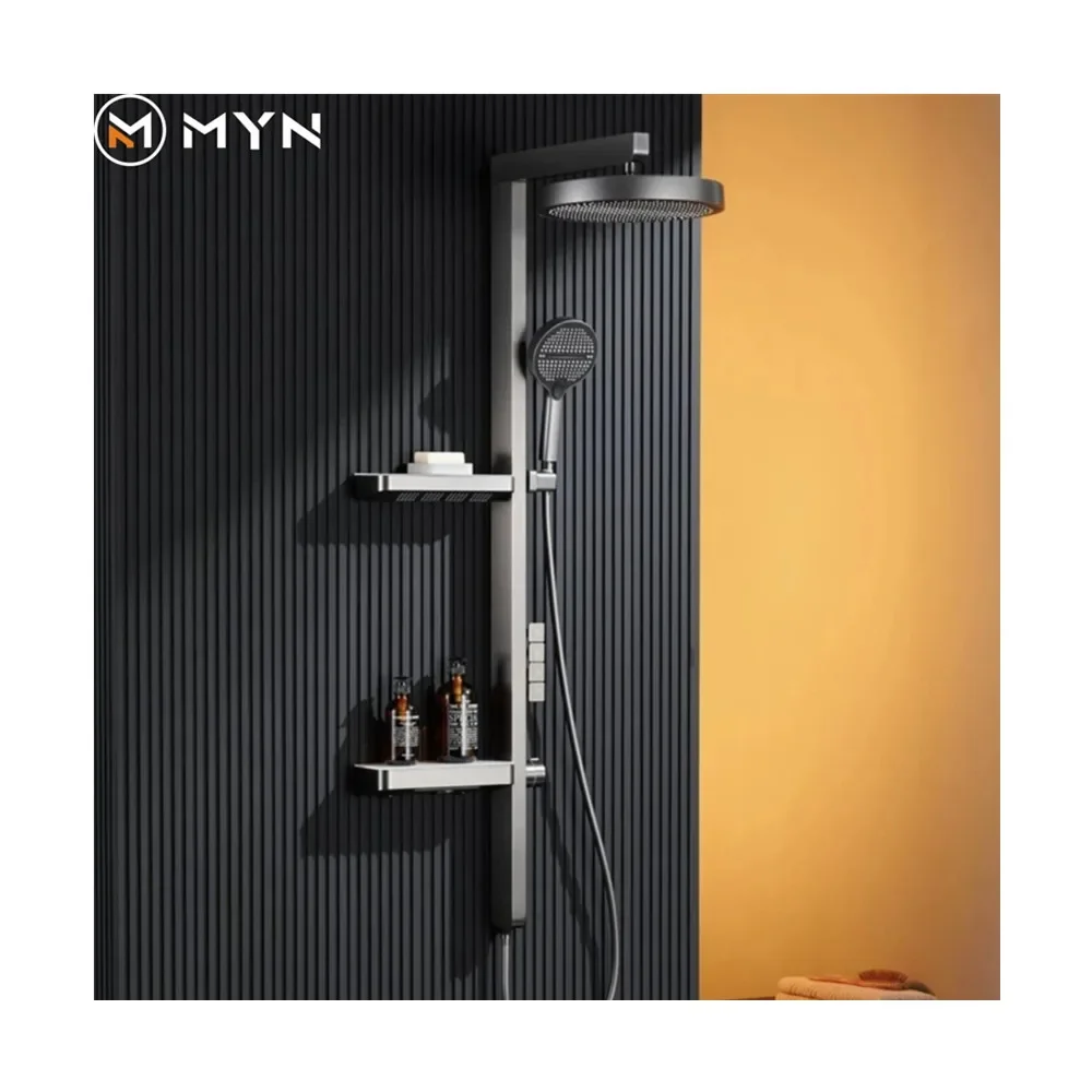 

2024 White Bathroom Thermostatic Wall Hung Led Digital Display Rainfall Luxury Bath Faucets Double Shelf Shower System