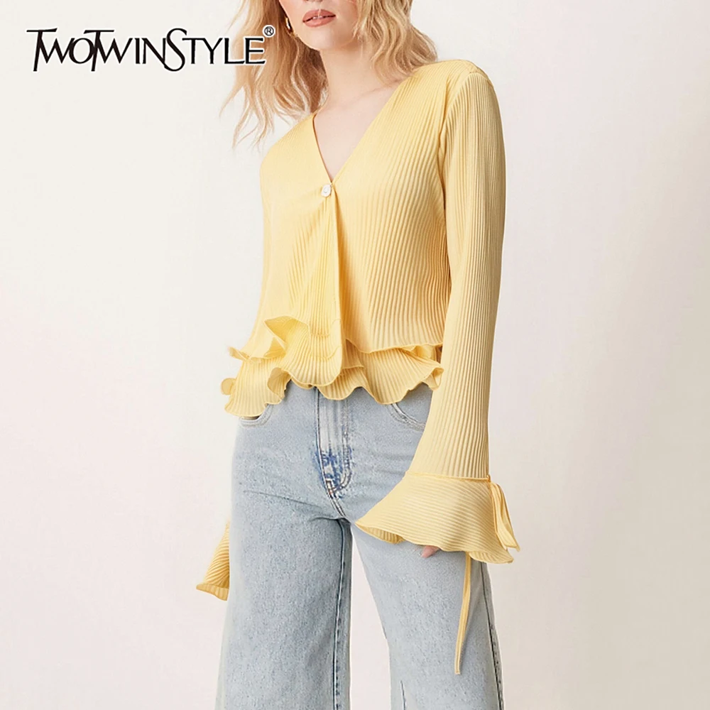 TWOTWINSTYLE Yellow Spliced Lace Up Shirt Female V Neck Flare Sleeve Loose Streetwear Casual Women's Shirts Autumn Fashion New