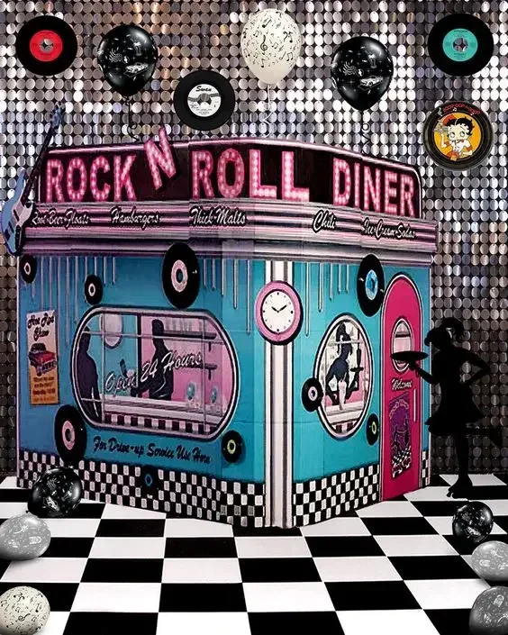 50's 3D vintage rock &roll american diner jukebox black and white checked floor 50s photo backgrounds backdrop photography