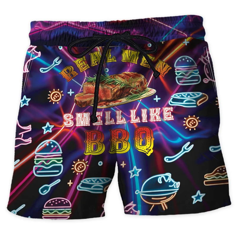 Funny Meat Grill Party 3D Print Short Pants For Men Clothes BBQ Food Beach Shorts Hawaiian Vacation Boardshorts Barbeque Trunks