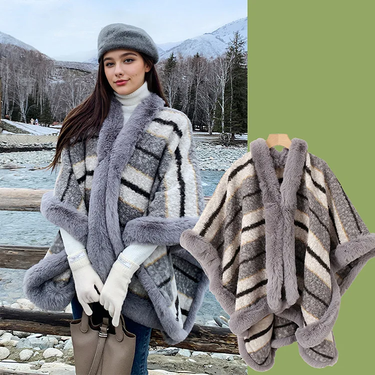 여성용 판초 겨울 인조 모피 오버사이즈 코트 망토 두꺼운 안감 컬러블록 스트라이프 레이어드 아우터웨어 케이프