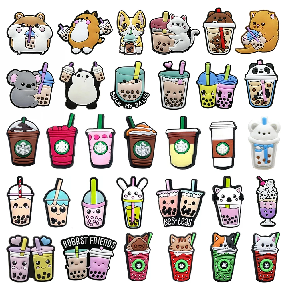 11-32Pcs Drinks Series Coffe Shoe Charms Set Clog Sandals Wristband Bracelets Decoration Shoes Accessories Buckle for Boys Girls