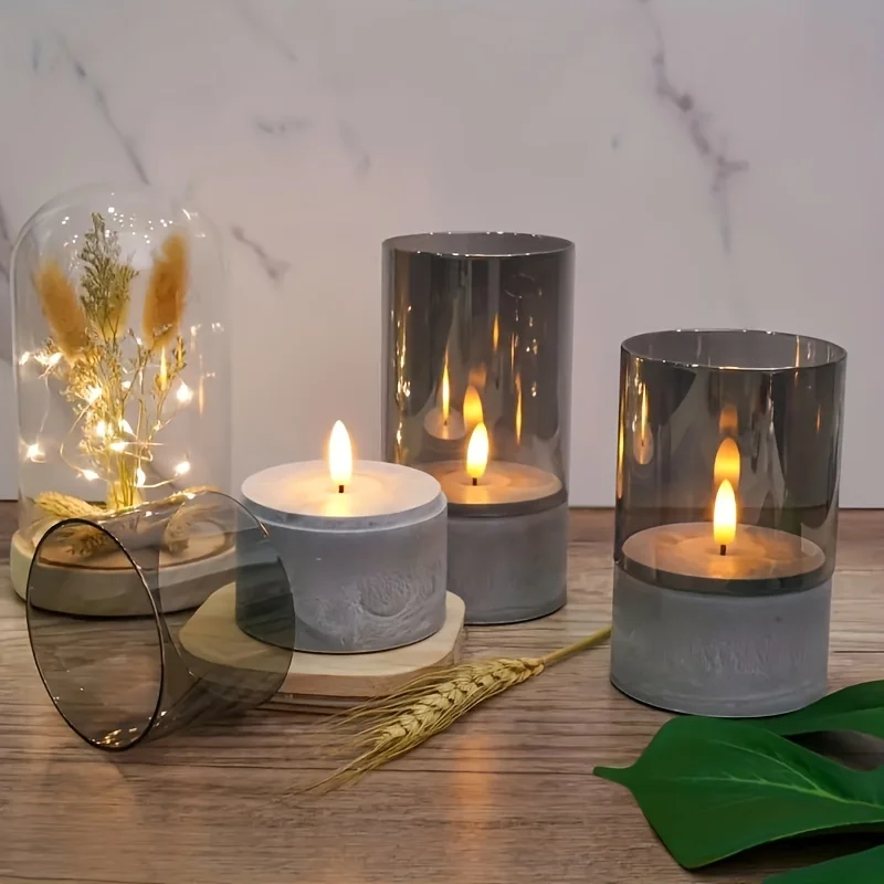 3 عبوات من الشموع عديمة اللهب LED مع قاعدة أسمنتية رمادية لديكور حفلات الهالوين وأعياد الميلاد وأعياد الميلاد