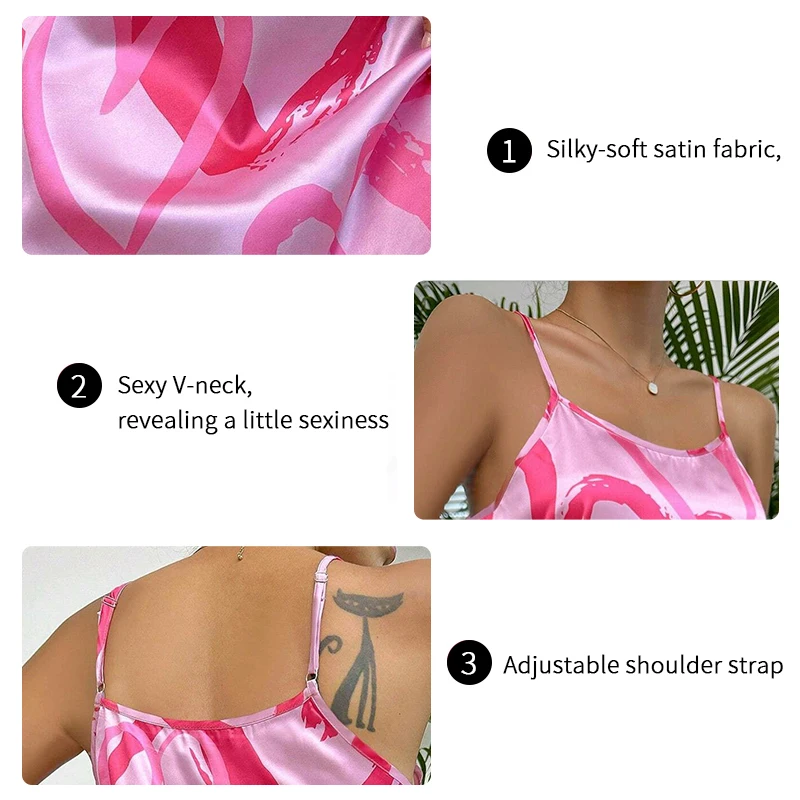 Heart Shaped Pattern Print Satin Nightgowns Casual Spaghetti Strap Night Dress Women\'s Sleepwear Loungewear Sexy Cami Nightdress