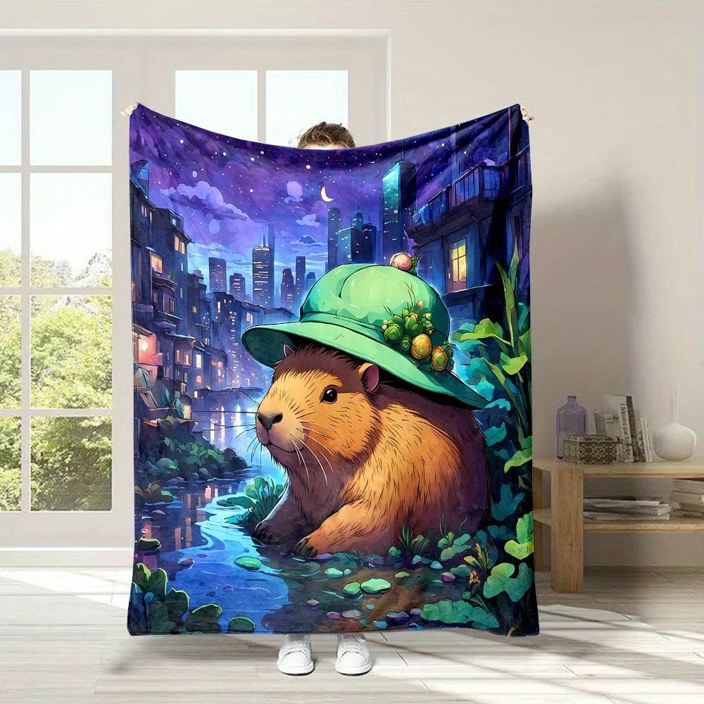 Nighttime Cartoon Capuchin Capybara Print Pattern Universal Nap Office Small Throw Blanket, Family Blanket, Gift for Family and