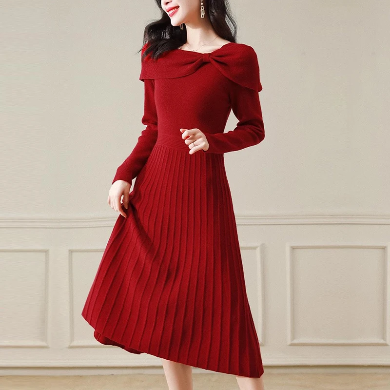 

Wool dress female 2023 autumn new line shoulder toasting banquet bow bottom sweater dress