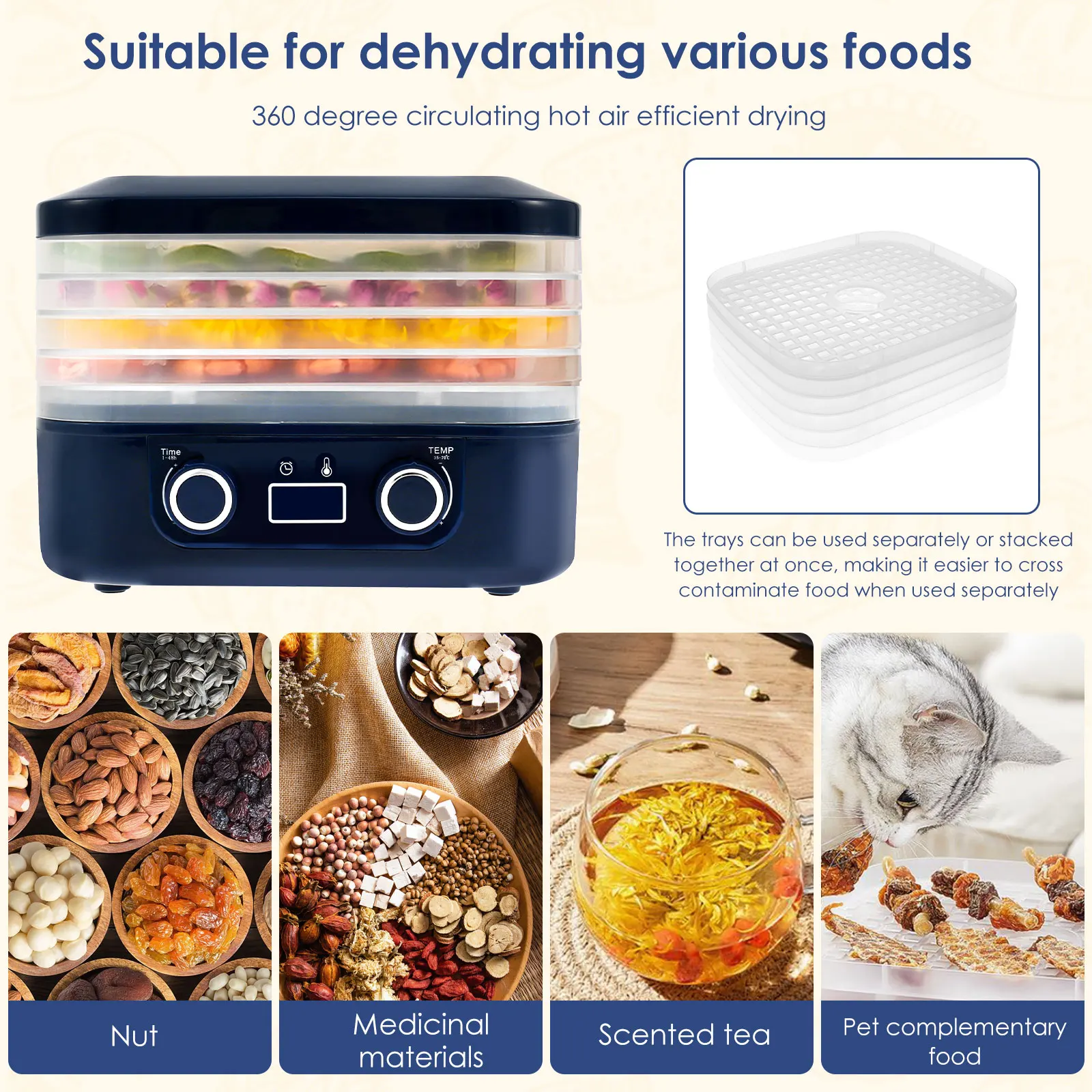 Food Dehydrator 5 Tray Food Dryer Machine Temperature Adjustable Freeze Dried Machine Quiet Freeze Dryer with LCD Display Timer