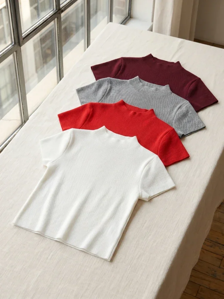 2026 Herbst Neu Slim Fit Einfarbig Vielseitige Oberteile Damen Kurzarm T-Shirt Weibliches O-Neck Strick-Shirt Streetwear – Detail 2