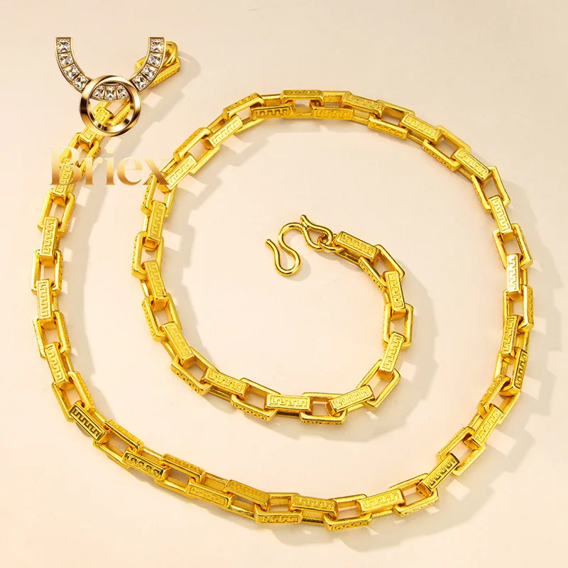 

Briex Jewelry Luxury 24K 9999 Pure Gold real gold Square Great Wall Pattern Men's Necklace Three-dimensional Box Chain