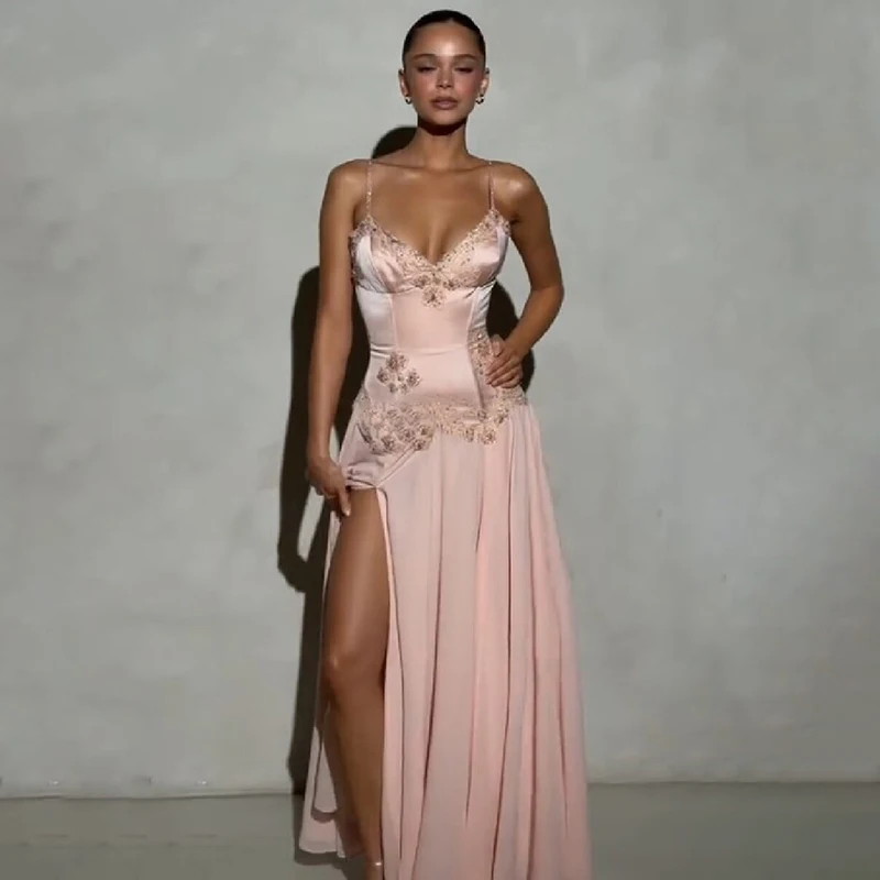 Elegant V-Neck Pink Strapless Maxi Dress Luxury Lace Bead Embellished Bodice High Slit Prom Dresses Lady Formal Evening Gown - view 5
