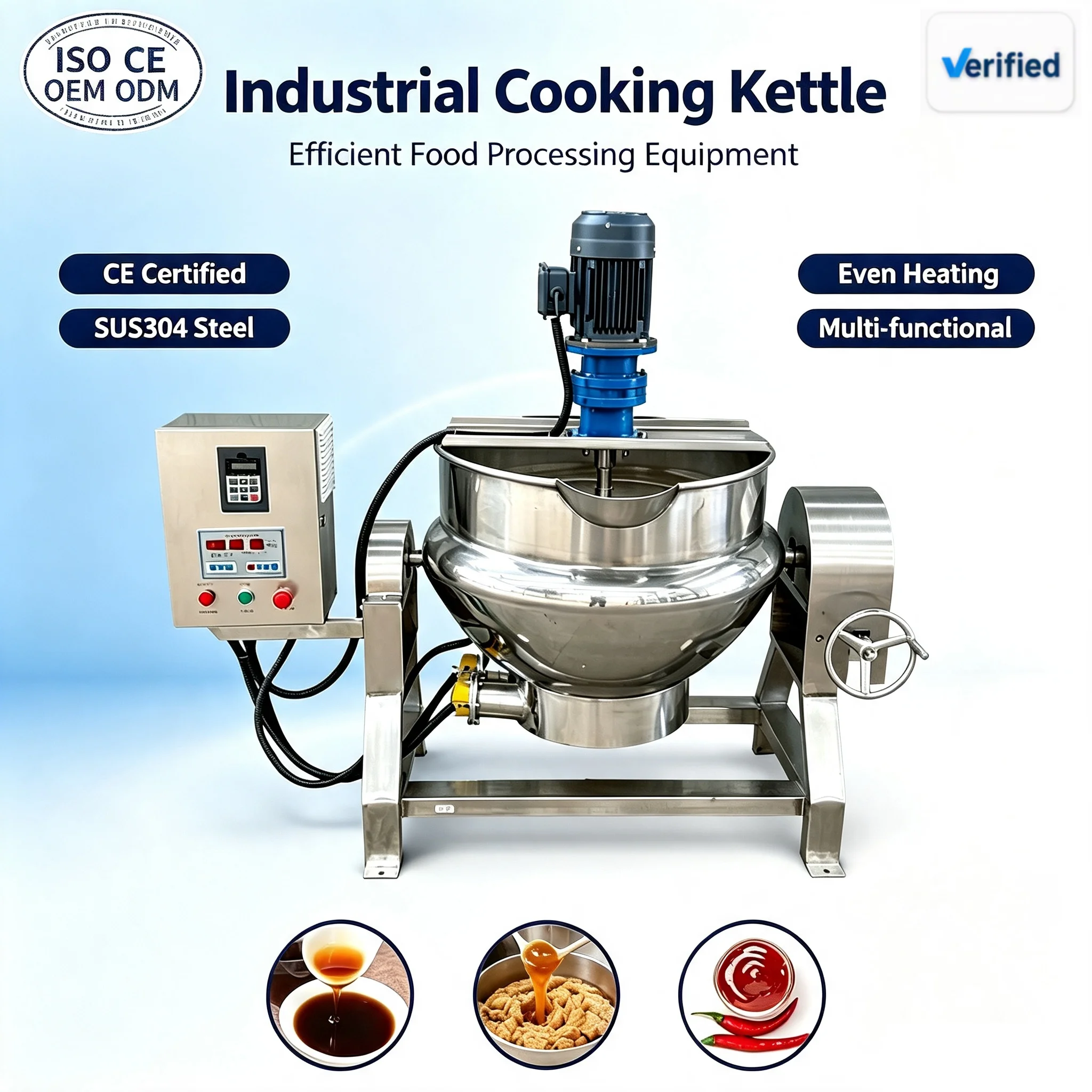 304 Stainless Steel Steam Jacketed Kettle With Mixer Gas/Electric Heating Large Capacity (100-900L) Food Processing Equipment