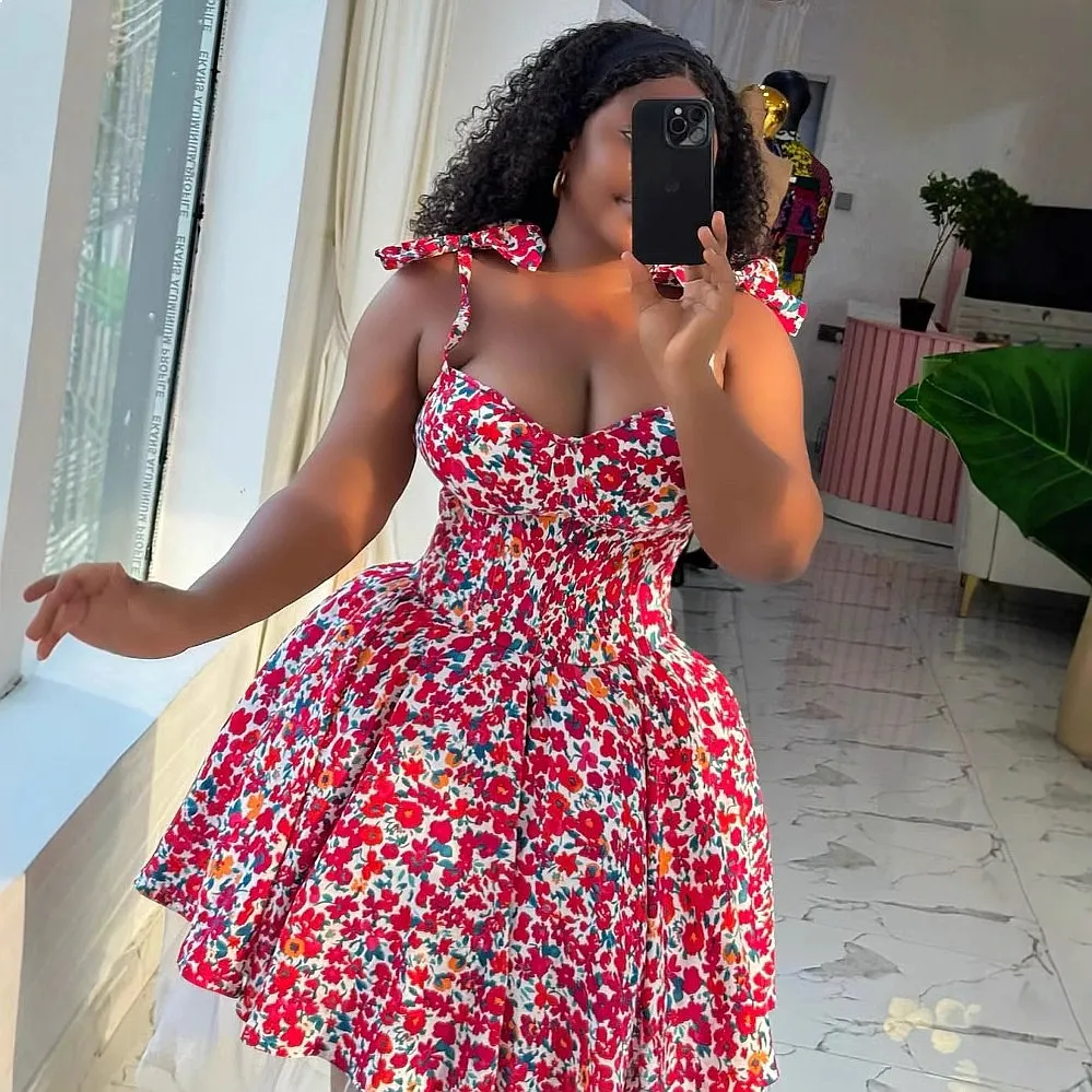 Elegant Floral Print Camisole Dress with Bow High Waist A-Line Mini Dress Spring Summer