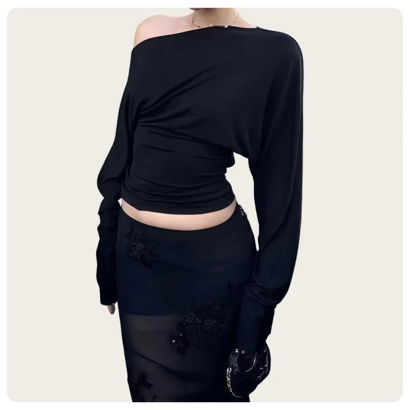 French-Style Atmospheric Women's Solid Color Round-Neck Asymmetrical Shoulder Ruched Waist-Cinching Back-Cutout Sexy Cropped Top