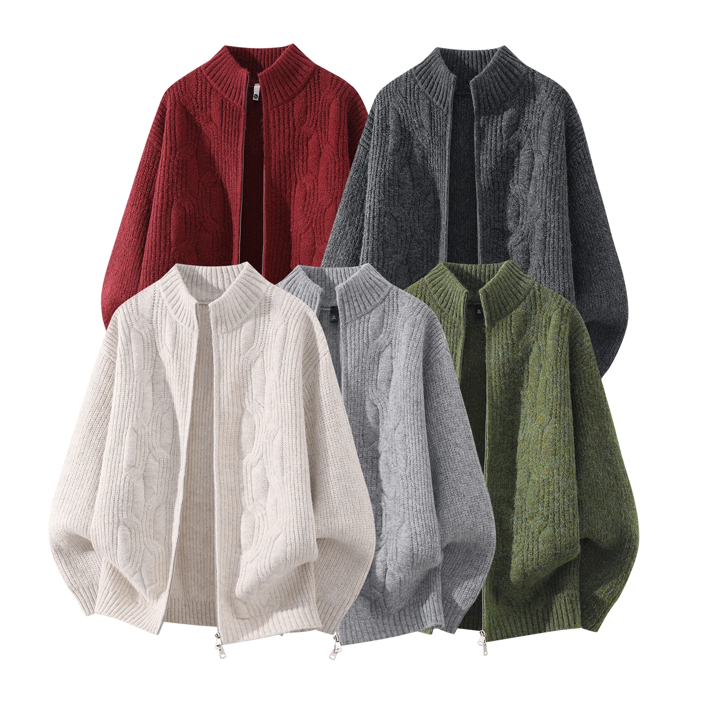 Men Stand Collar Zip Up Cable Knit Cardigan Autumn Winter Thick Loose Long Sleeve Knitted Sweater Jacket Casual Solid Green Warm