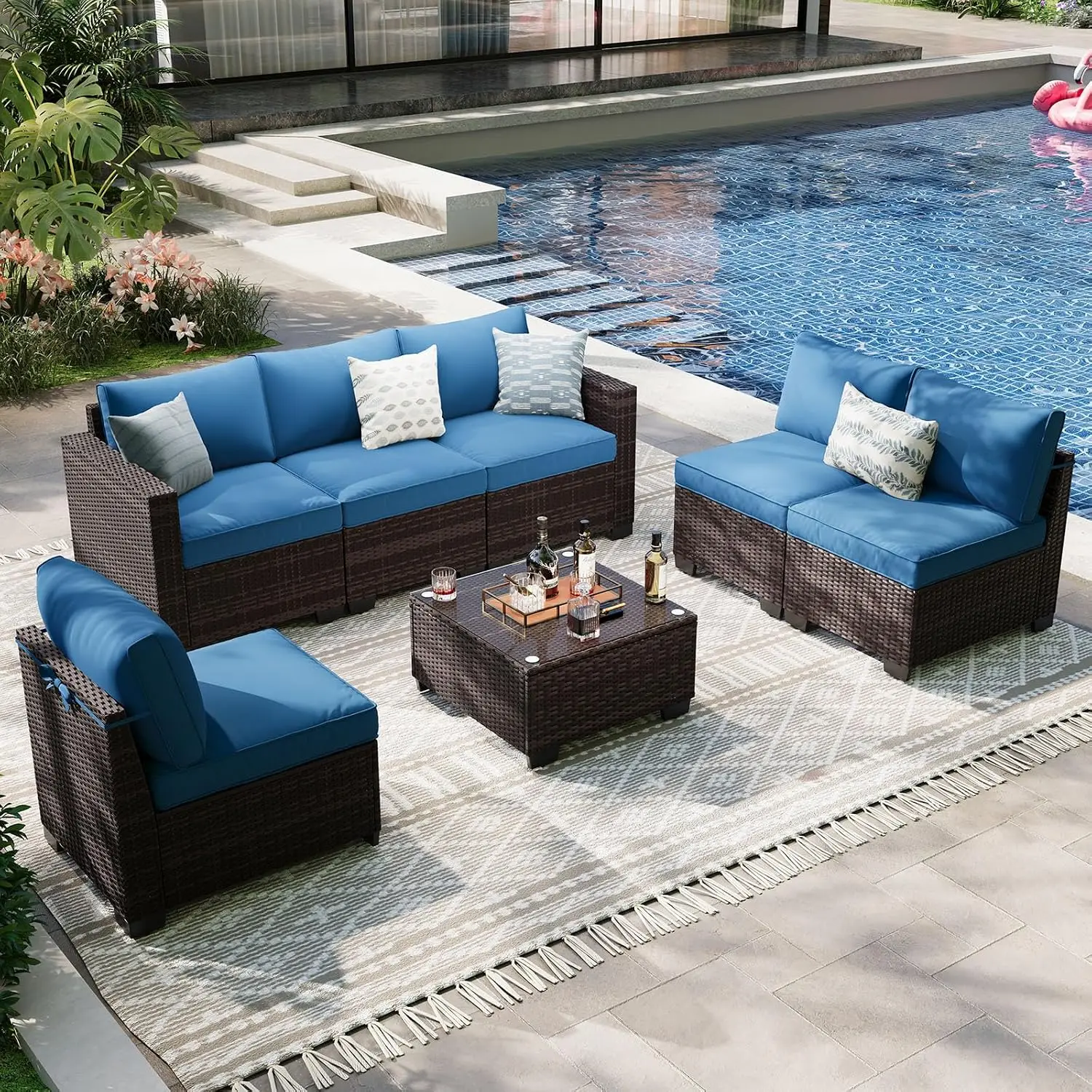 7-Piece Outdoor Patio Furniture Set, 6-Seat All-Weather PE Rattan Wicker Patio Sectional Furniture Set with Coffee, Customized