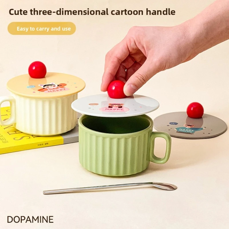 1/2 Pcs Multi-functional Cute Cartoon Handle Mug Lid 10cm Universal Round Plastic Dustproof Cover for Glass Cup Ins Style