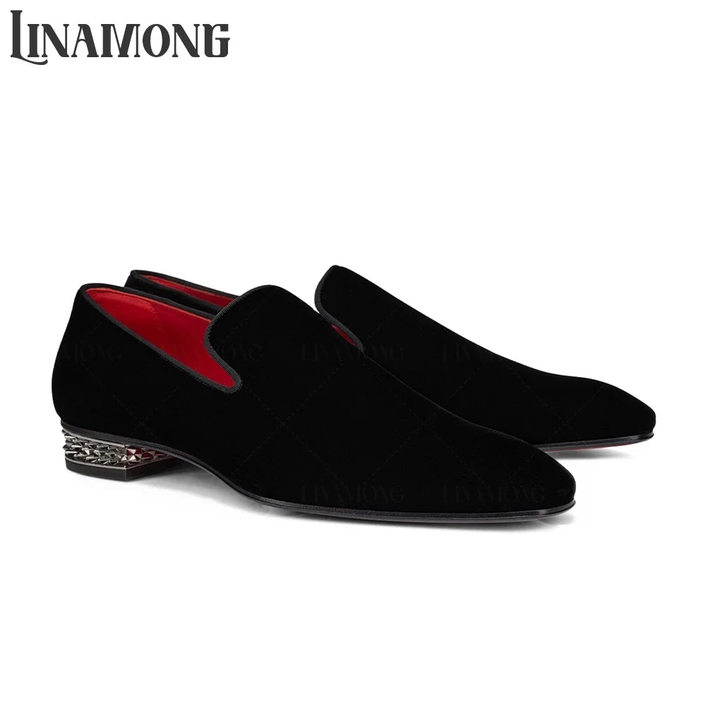 Luxury Studded Square Low Block Heel Loafers for Men Black Suede Luxury Dress Shoes Fashionable Designer Style Shoes for Wedding