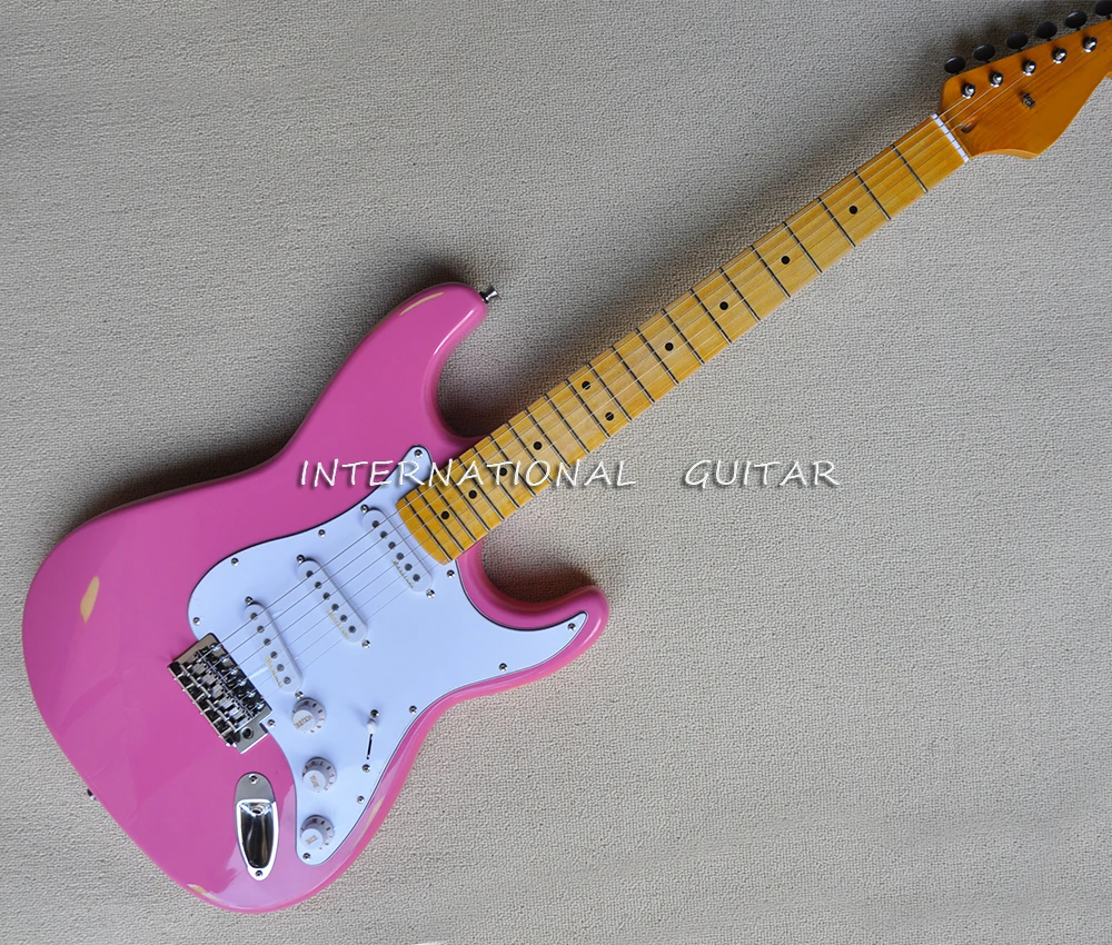 6 Strings Relic Pink Electric Guitar with SSS Pickups,Yellow Maple Fretboard