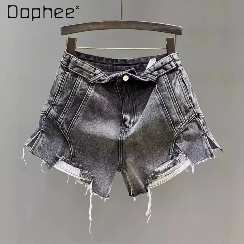 

Gray High Waist Denim Shorts Women Lapel Split A Line Wide Leg Loose Casual Ripped Jeans Shorts Streetwear Raw Edge Short Pants