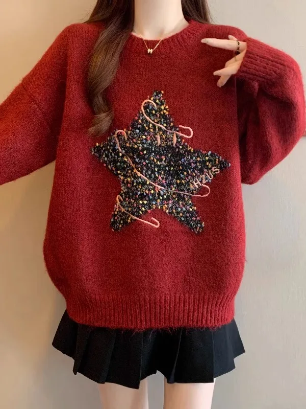 

Винно-красный вязаный свитер с длинными рукавами, женский модный повседневный свободный свитер с круглым вырезом, мягкий топ для осени и зимы, большие размеры