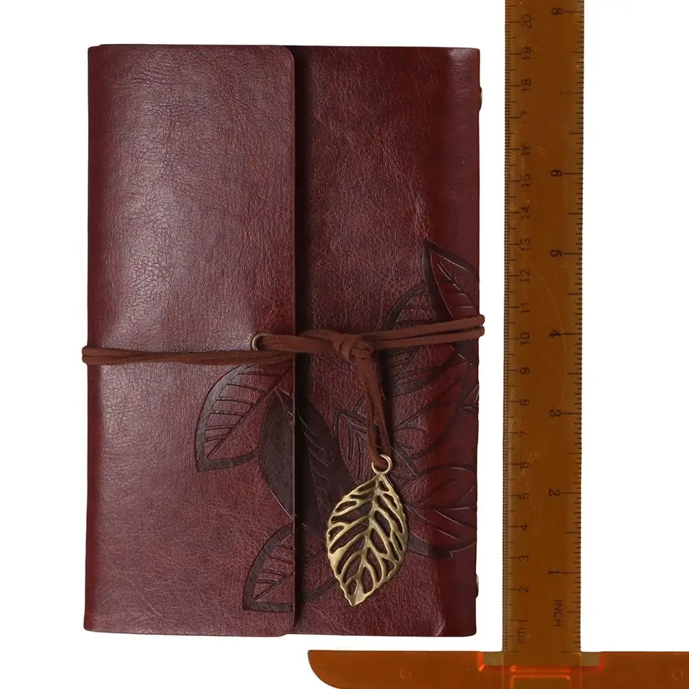 Cute Diary Notepad Sketch Book, Leaf Embossed and Retro Pendants Book, Leather Journal Notebook